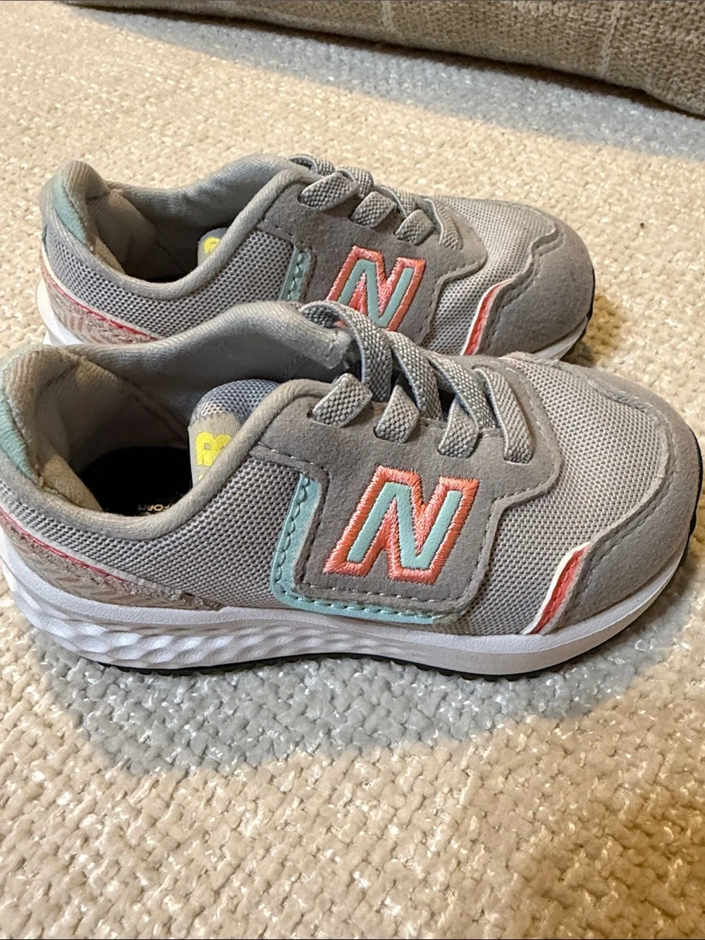 New Balance Kids Gray Sneakers with Coral and Mint Accents